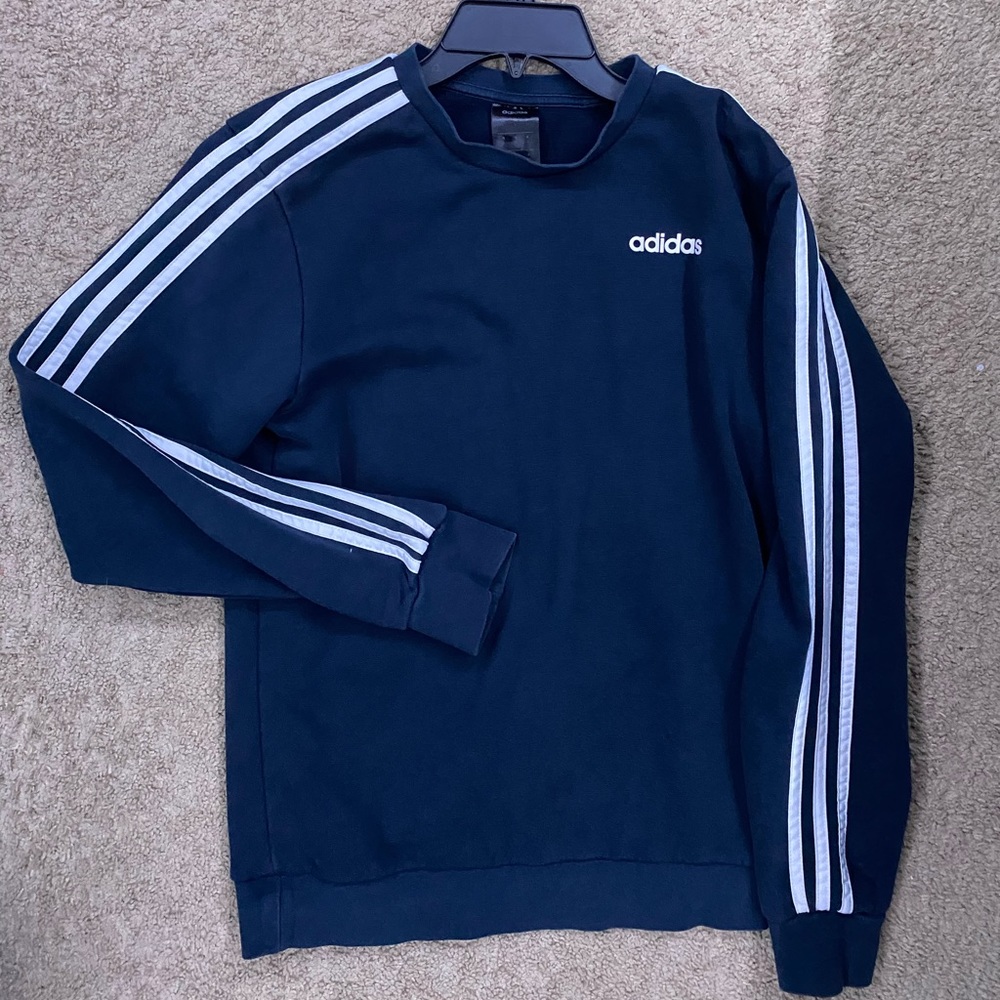Men’s Small Adidas 3 Stripes Tape Crewneck/Sweatshirt Navy Blue/White